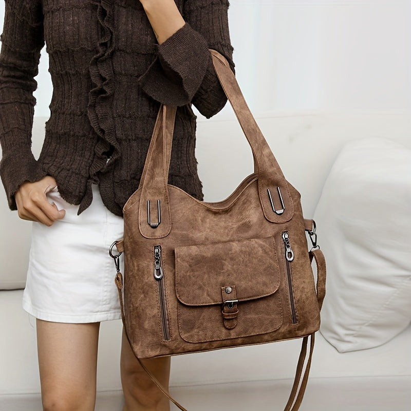 Vintage-Style Vegan Leather Shoulder Bag - Marivelle-Brown-The Livary