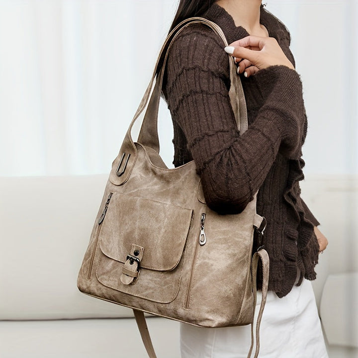 Vintage-Style Vegan Leather Shoulder Bag - Marivelle-Brown-The Livary