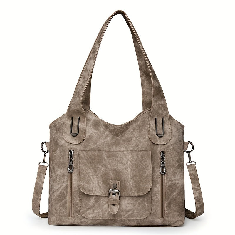 Vintage-Style Vegan Leather Shoulder Bag - Marivelle-Khaki-The Livary