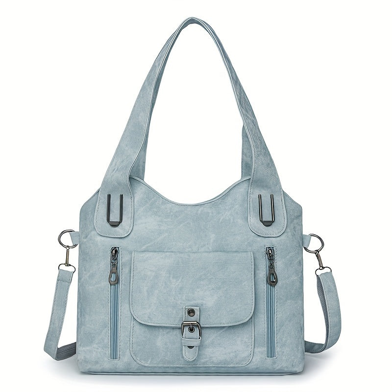 Vintage-Style Vegan Leather Shoulder Bag - Marivelle-Light blue-The Livary
