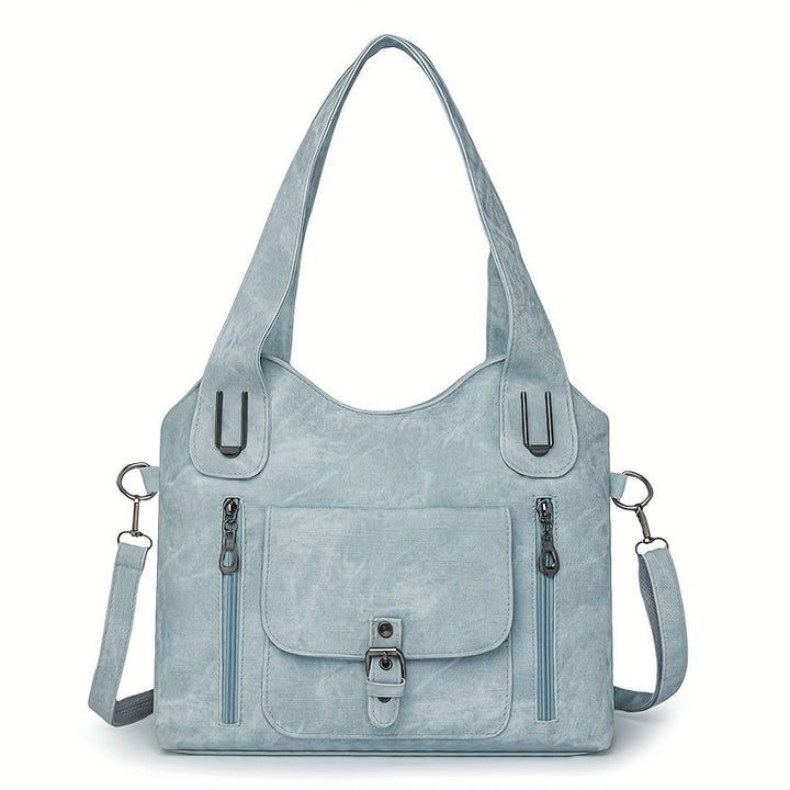 Vintage-Style Vegan Leather Shoulder Bag - Marivelle-Light blue-The Livary