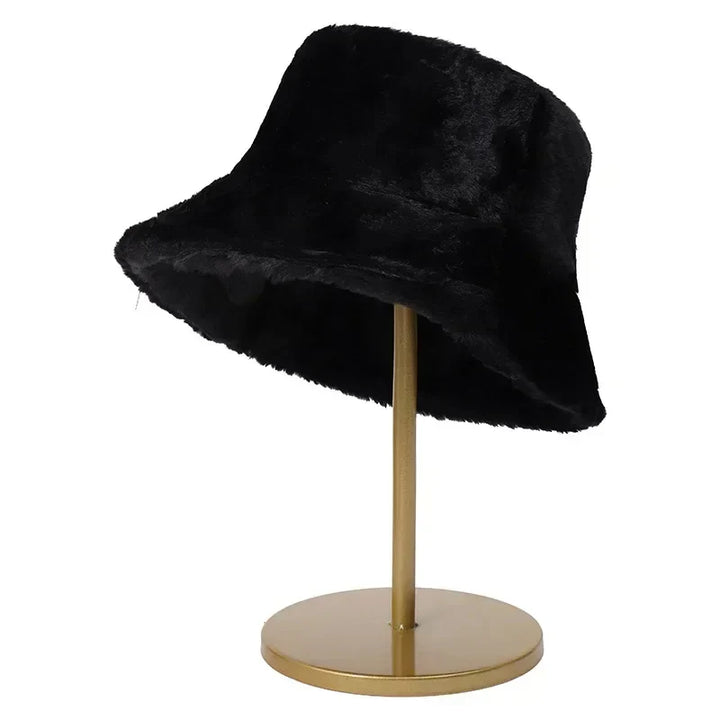 Warm Autumn Bucket Hat made of Rabbit Fur for Ladies - Lorna-Black-Nora Luxe