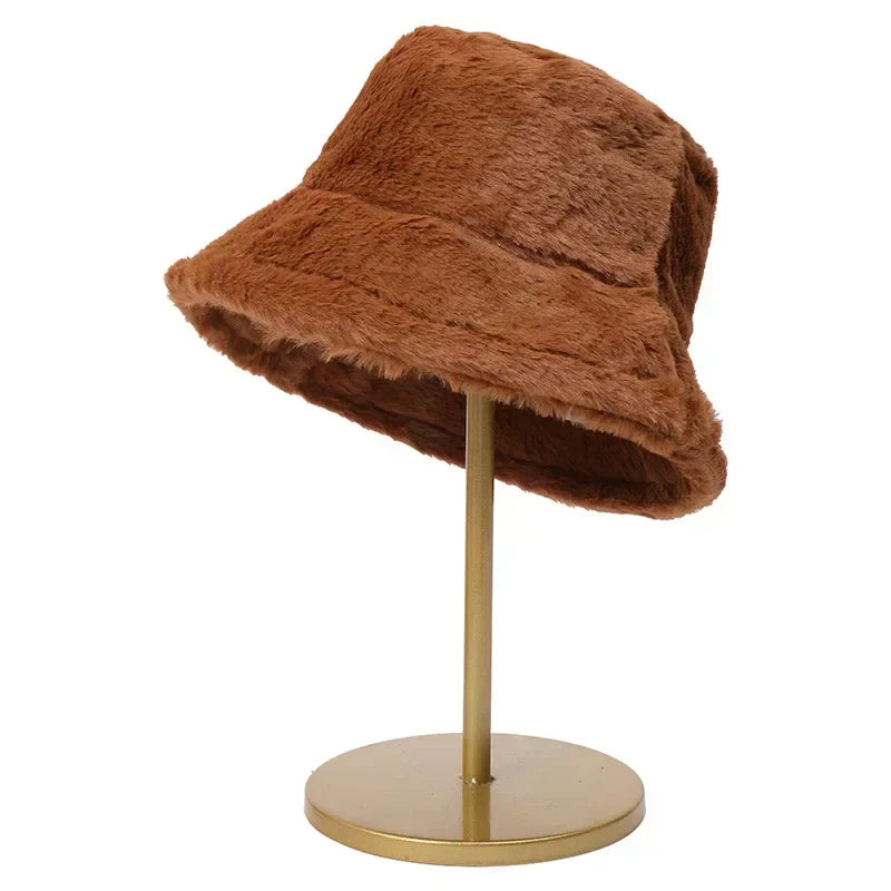 Warm Autumn Bucket Hat made of Rabbit Fur for Ladies - Lorna-Coffee-Nora Luxe