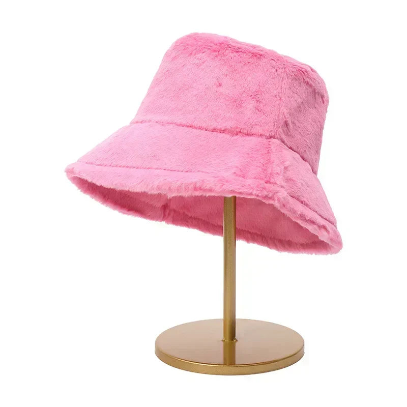 Warm Autumn Bucket Hat made of Rabbit Fur for Ladies - Lorna-Fuchsia-Nora Luxe
