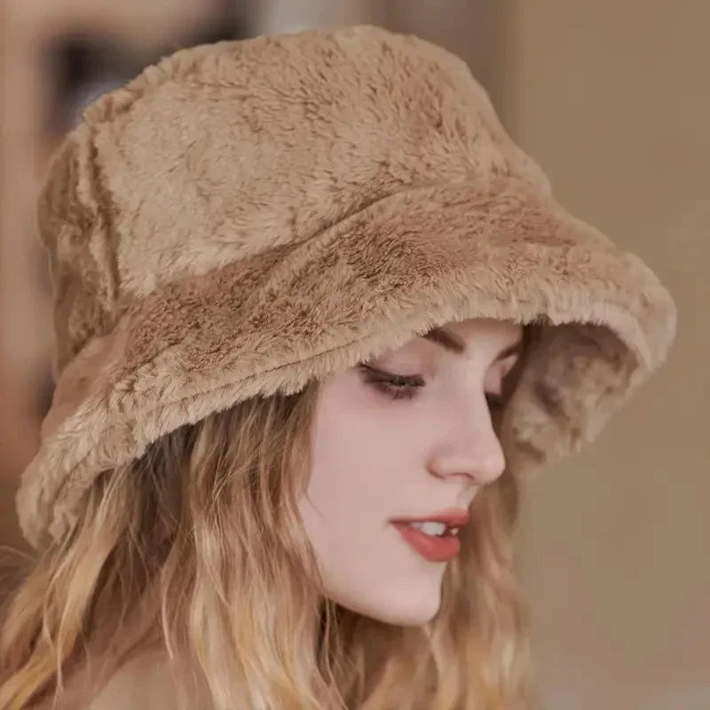 Warm Autumn Bucket Hat made of Rabbit Fur for Ladies - Lorna-Gray-Nora Luxe