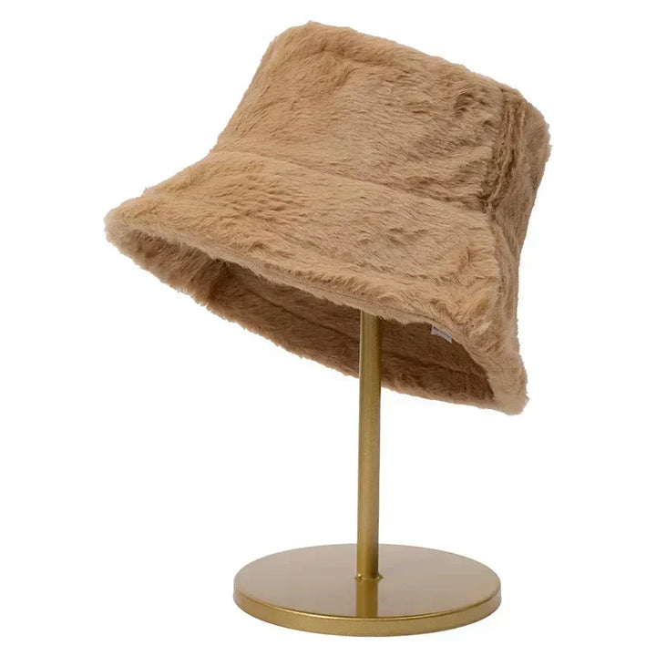 Warm Autumn Bucket Hat made of Rabbit Fur for Ladies - Lorna-Khaki-Nora Luxe