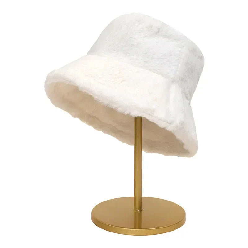 Warm Autumn Bucket Hat made of Rabbit Fur for Ladies - Lorna-White-Nora Luxe