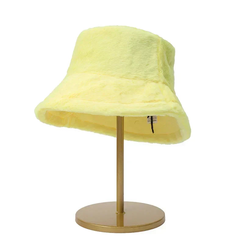 Warm Autumn Bucket Hat made of Rabbit Fur for Ladies - Lorna-Yellow-Nora Luxe