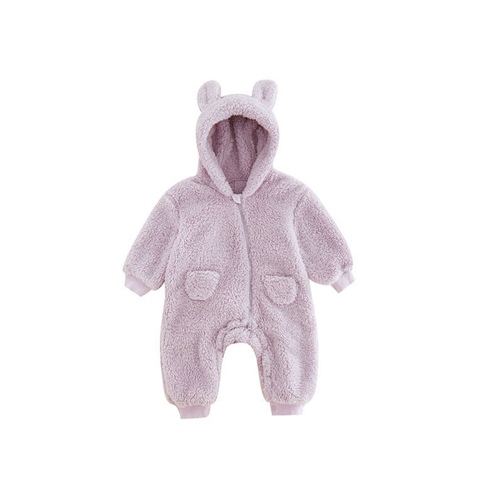 Warm Baby Fleece Romper with Animal Print-Lavender-1-3M 59-Nora Luxe