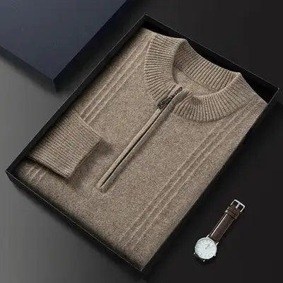 Warm Casual Men's Sweater with Half Zip - Logan-Beige-S-Nora Luxe