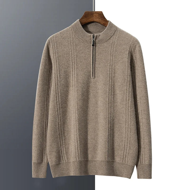 Warm Casual Men's Sweater with Half Zip - Logan-Beige-S-Nora Luxe