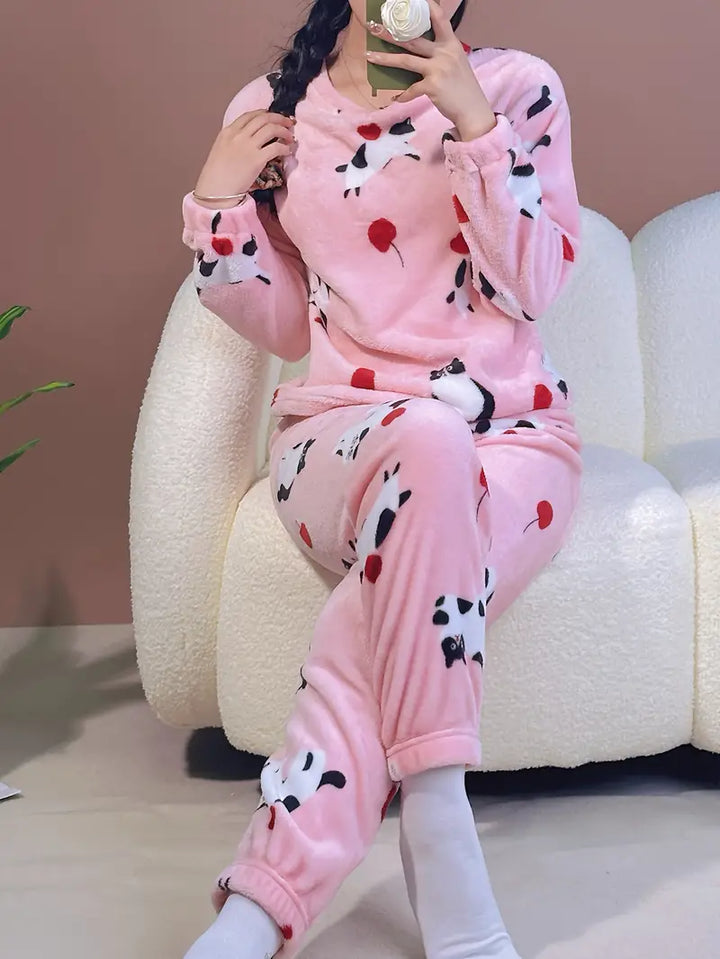 Warm Fleece Pyjama Set with Cute Print - Celeste-Pink-M-Nora Luxe