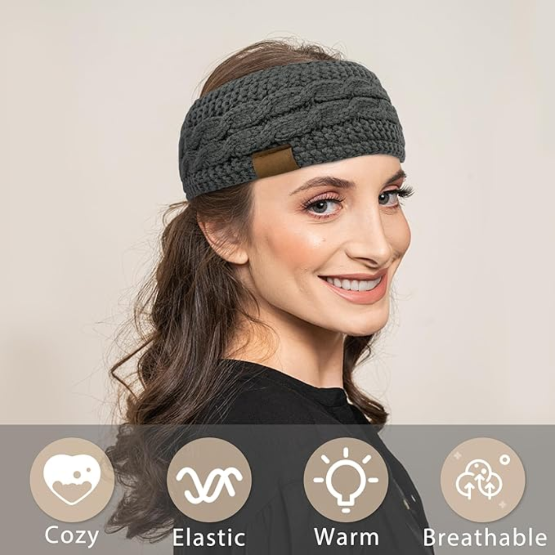 Warm Knitted Ear Warmer Headband with Fleece Lining - Cathryn-Black Beige-Nora Luxe