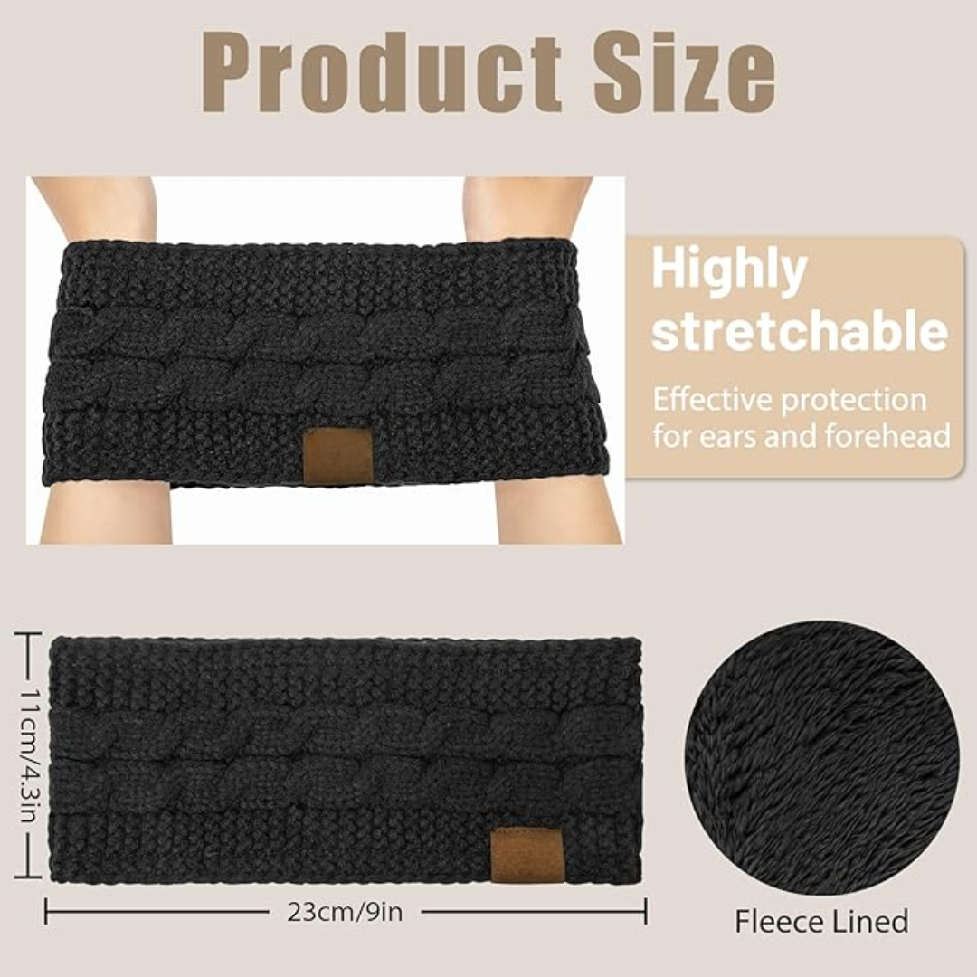 Warm Knitted Ear Warmer Headband with Fleece Lining - Cathryn-Black Beige-Nora Luxe