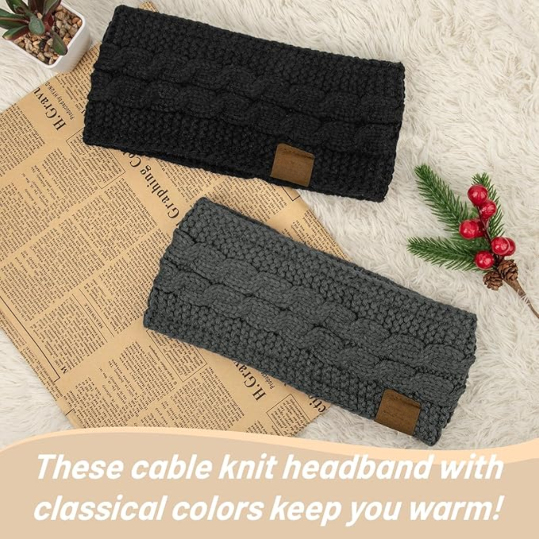 Warm Knitted Ear Warmer Headband with Fleece Lining - Cathryn-Black Beige-Nora Luxe