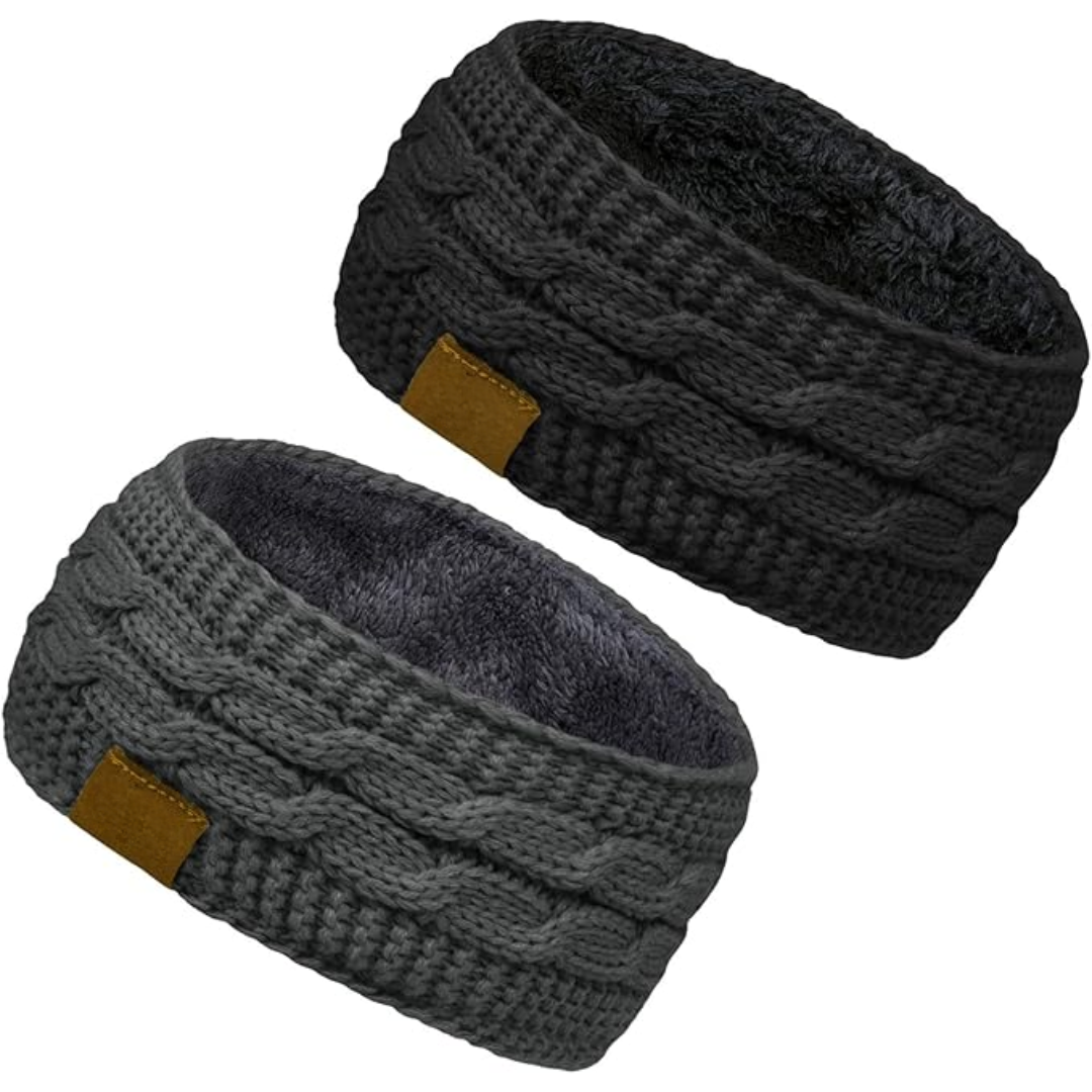 Warm Knitted Ear Warmer Headband with Fleece Lining - Cathryn-Black Dark Gray-Nora Luxe