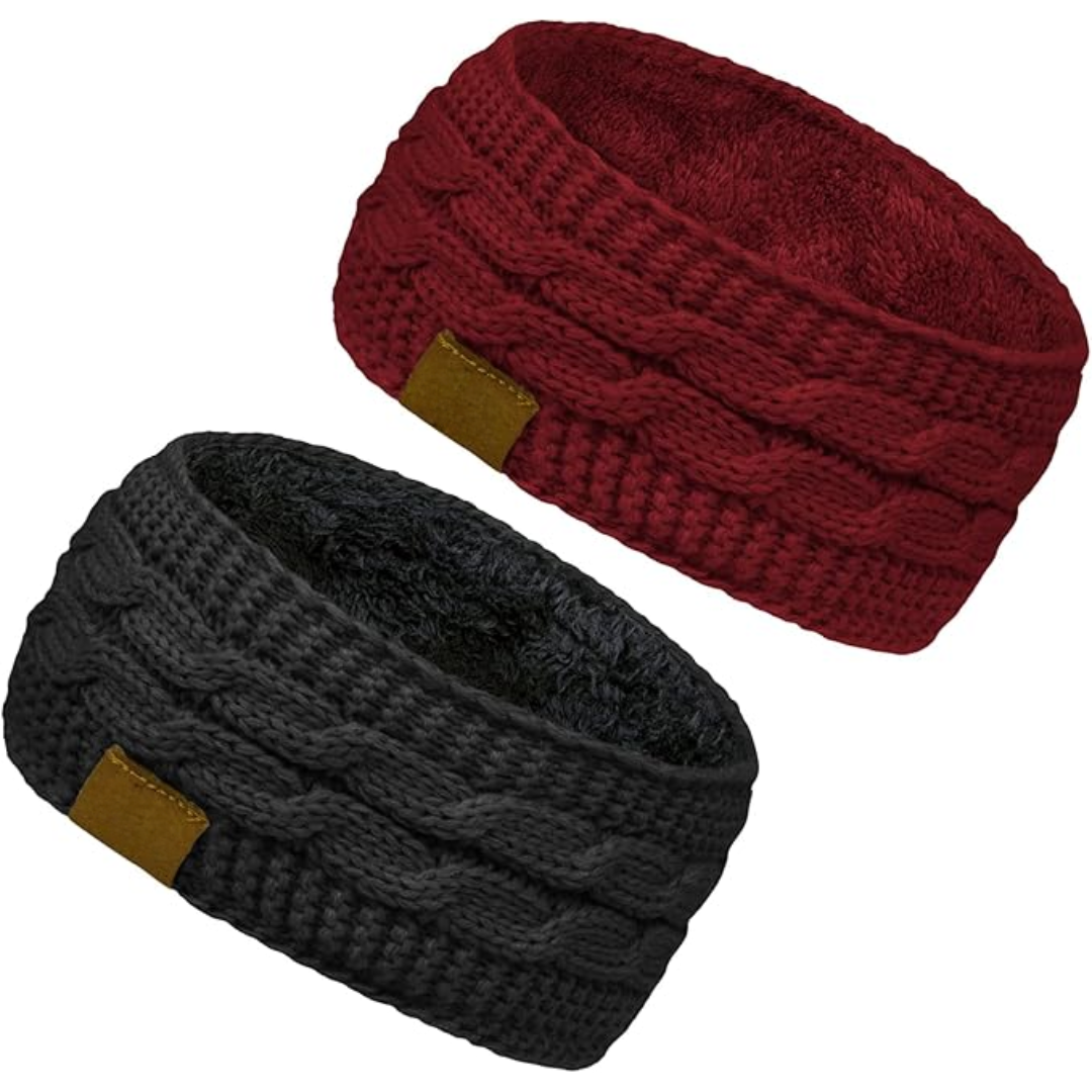 Warm Knitted Ear Warmer Headband with Fleece Lining - Cathryn-Black Red-Nora Luxe