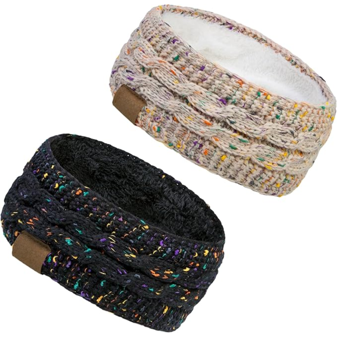 Warm Knitted Ear Warmer Headband with Fleece Lining - Cathryn-Black White Beige-Nora Luxe