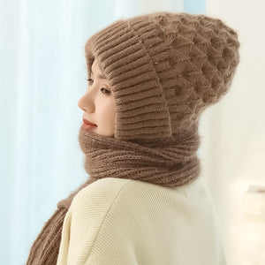 Warm Ladies Beanie with Integrated Scarf - Nora-Khaki-Nora Luxe