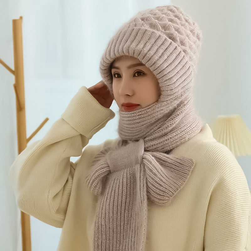 Warm Ladies Beanie with Integrated Scarf - Nora-Khaki-Nora Luxe