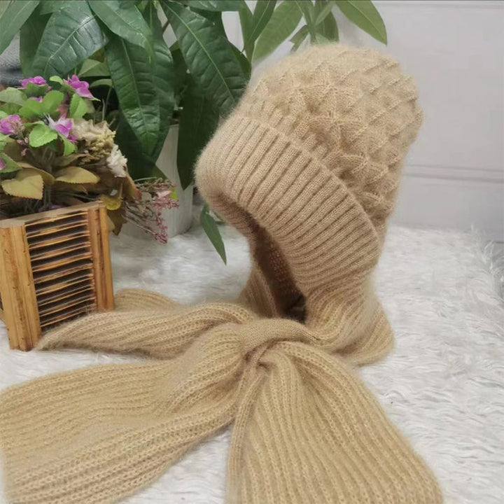 Warm Ladies Beanie with Integrated Scarf - Nora-Khaki-Nora Luxe