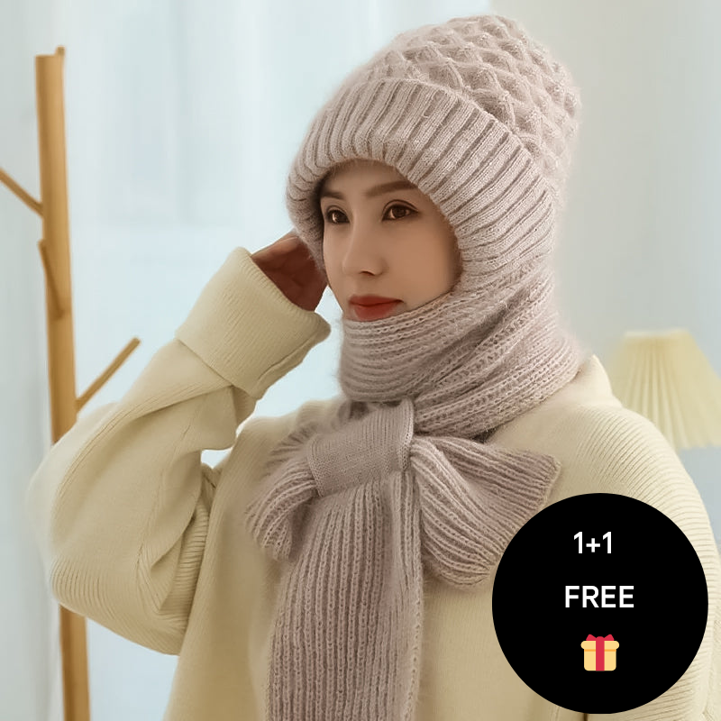 Warm Ladies Beanie with Integrated Scarf - Nora-Khaki-Nora Luxe
