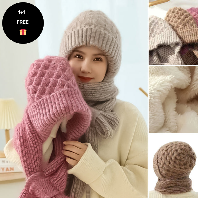 Warm Ladies Beanie with Integrated Scarf - Nora-Khaki-Nora Luxe