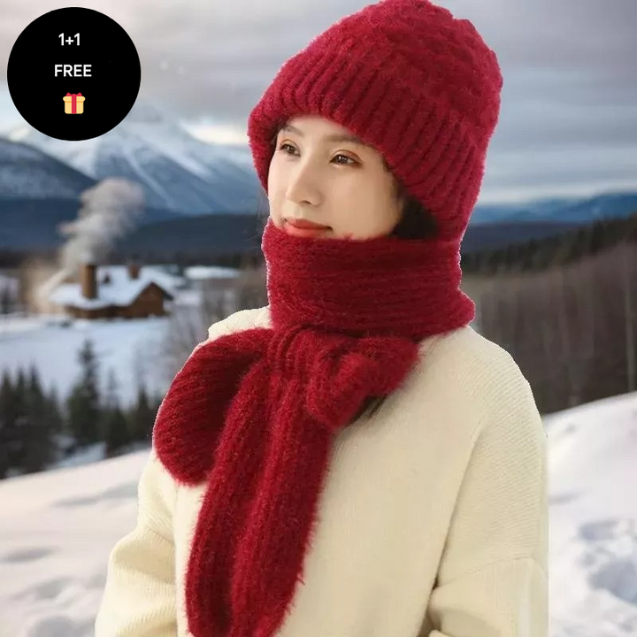 Warm Ladies Beanie with Integrated Scarf - Nora-Khaki-Nora Luxe