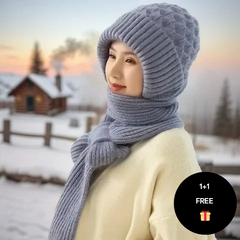 Warm Ladies Beanie with Integrated Scarf - Nora-Khaki-Nora Luxe