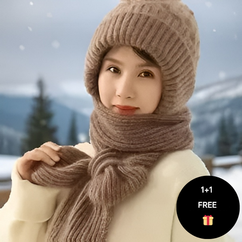 Warm Ladies Beanie with Integrated Scarf - Nora-Khaki-Nora Luxe