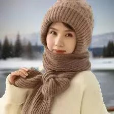 Warm Ladies Beanie with Integrated Scarf - Nora-Khaki-Nora Luxe