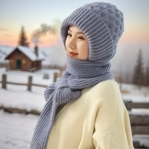 Warm Ladies Beanie with Integrated Scarf - Nora-Khaki-Nora Luxe