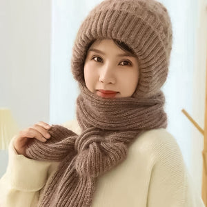 Warm Ladies Beanie with Integrated Scarf - Nora-Khaki-Nora Luxe
