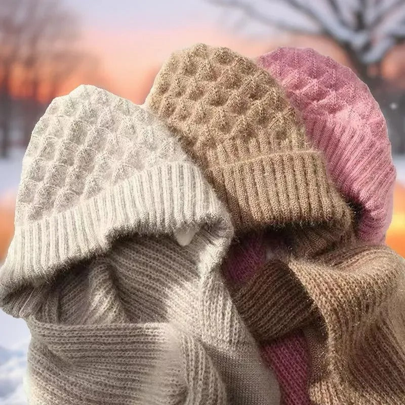 Warm Ladies Beanie with Integrated Scarf - Nora-Khaki-Nora Luxe