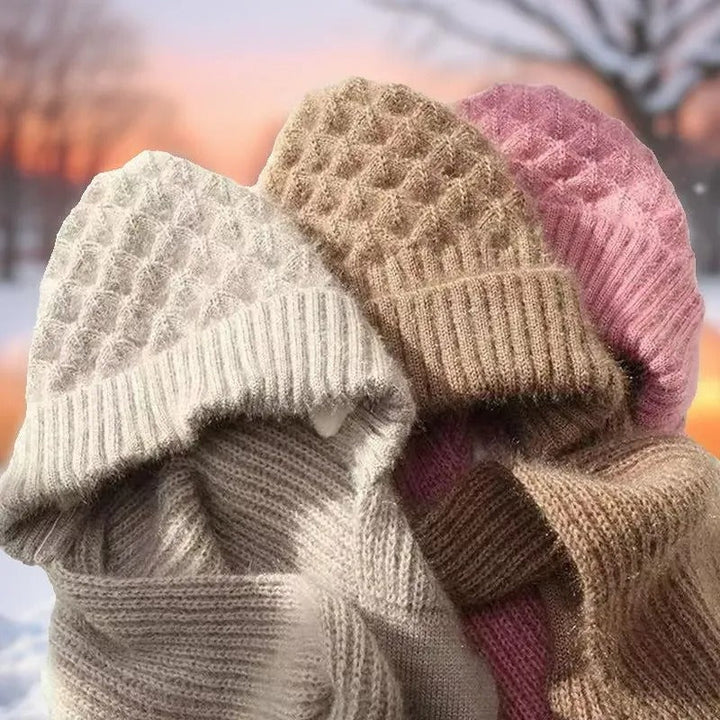 Warm Ladies Beanie with Integrated Scarf - Nora-Khaki-Nora Luxe