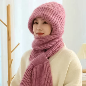 Warm Ladies Beanie with Integrated Scarf - Nora-Pink-Nora Luxe