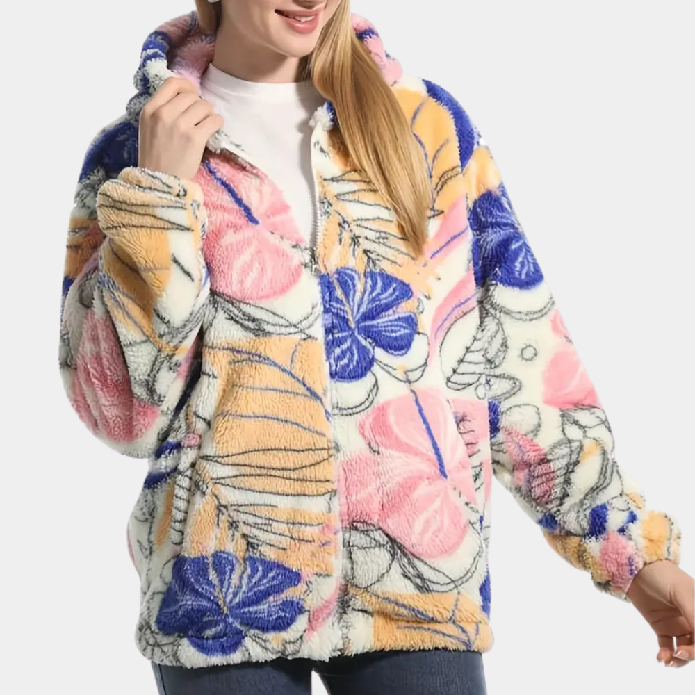 Warm Ladies' Coat with Hood and Floral Print - Elira-XS-Nora Luxe