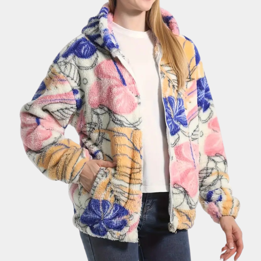 Warm Ladies' Coat with Hood and Floral Print - Elira-XS-Nora Luxe