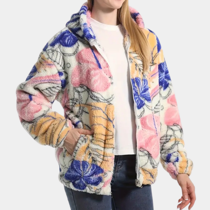 Warm Ladies' Coat with Hood and Floral Print - Elira-XS-Nora Luxe