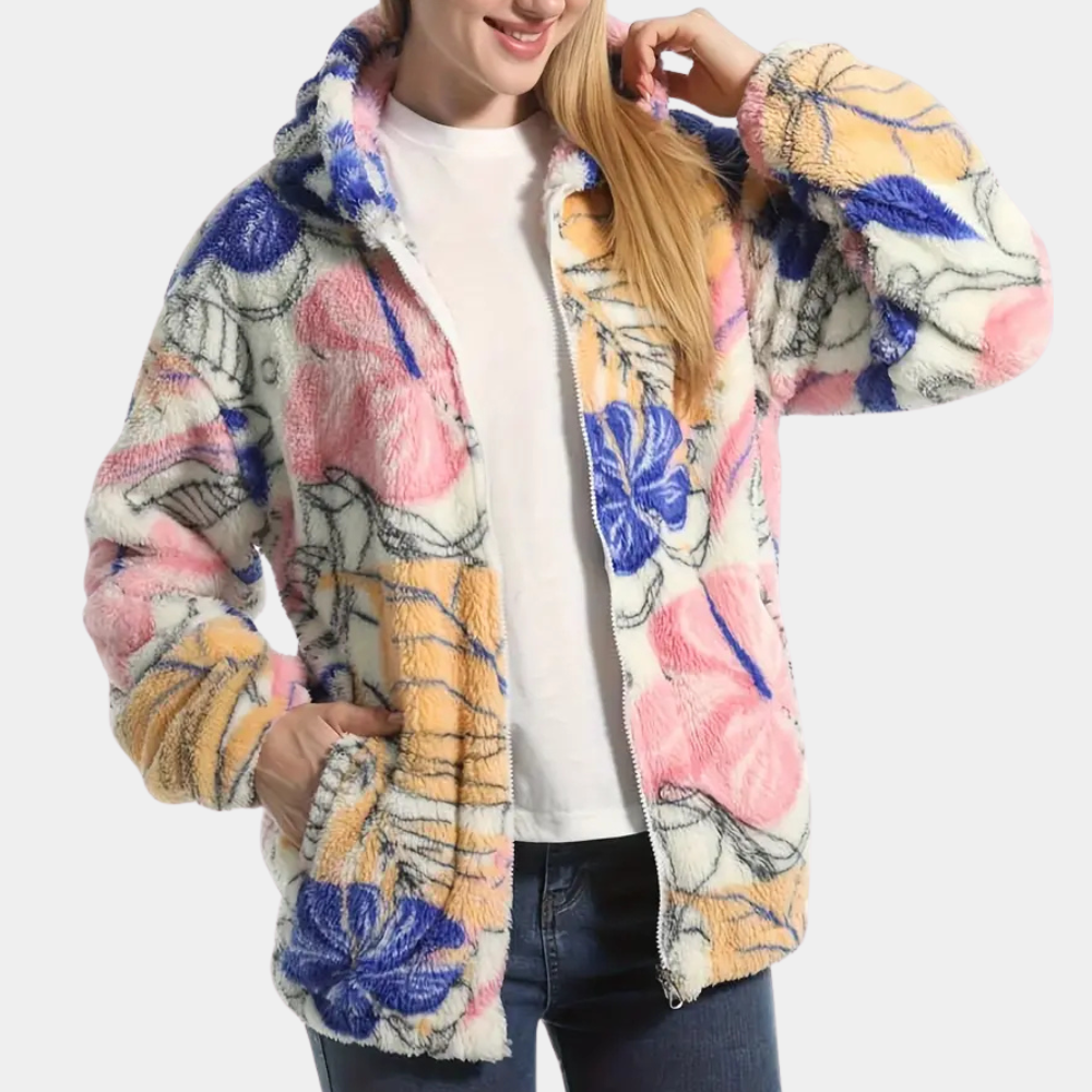 Warm Ladies' Coat with Hood and Floral Print - Elira-XS-Nora Luxe