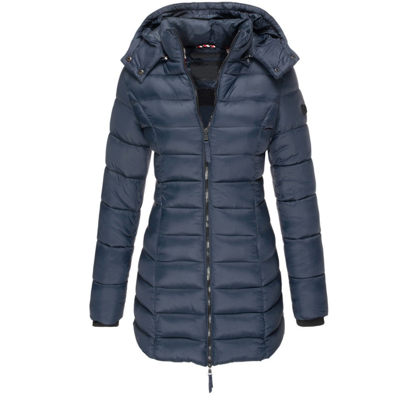 Warm Ladies Down Jacket with Hood - Olivia-Dark Blue-S-Nora Luxe