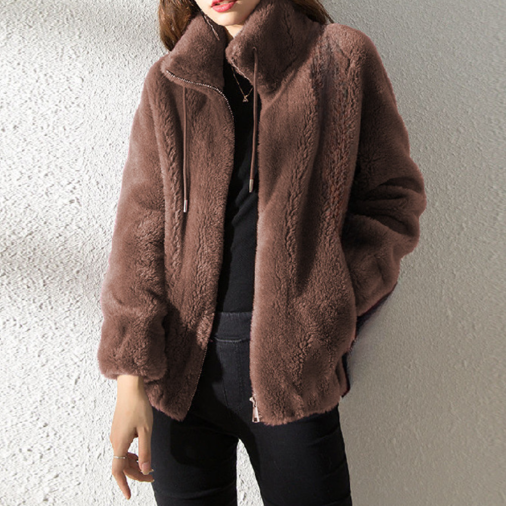 Warm Ladies' Jacket with Zip - Yara-Dark brown-XS-Nora Luxe