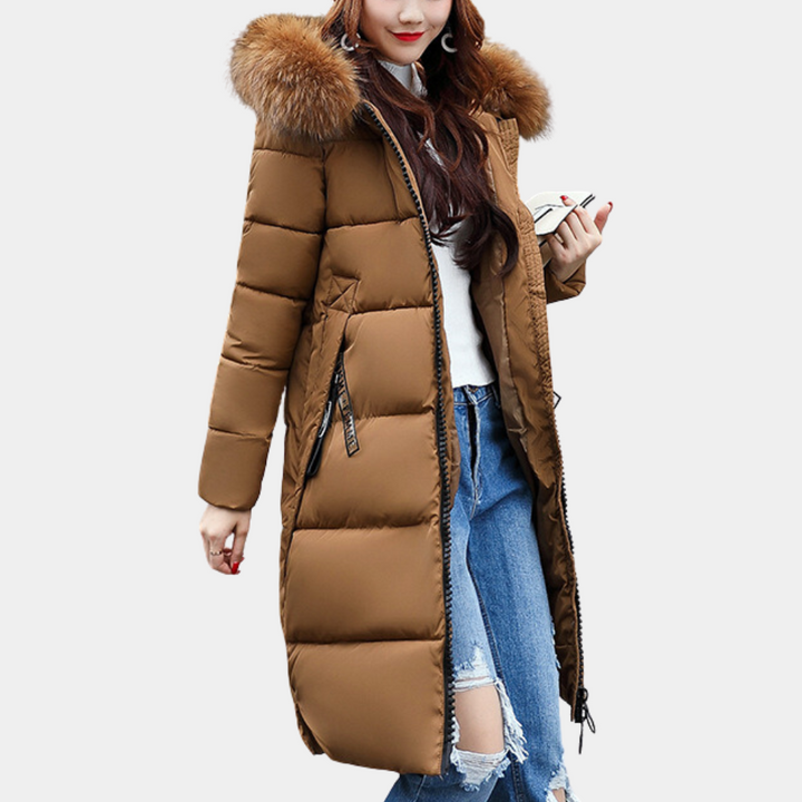 Warm Ladies Puffer Jacket with Hood - Livia-Brown-XS-Nora Luxe