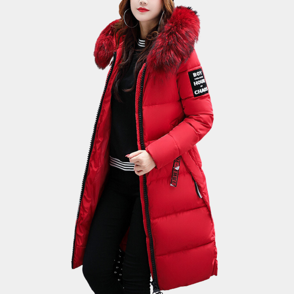 Warm Ladies Puffer Jacket with Hood - Livia-Red-XS-Nora Luxe