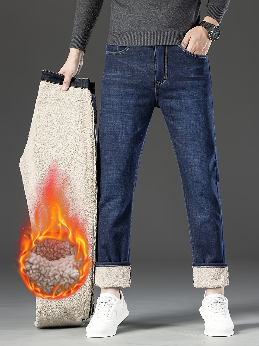 Warm Men's Winter Jeans with Fleece Lining - Grayson-Blue-30-Nora Luxe