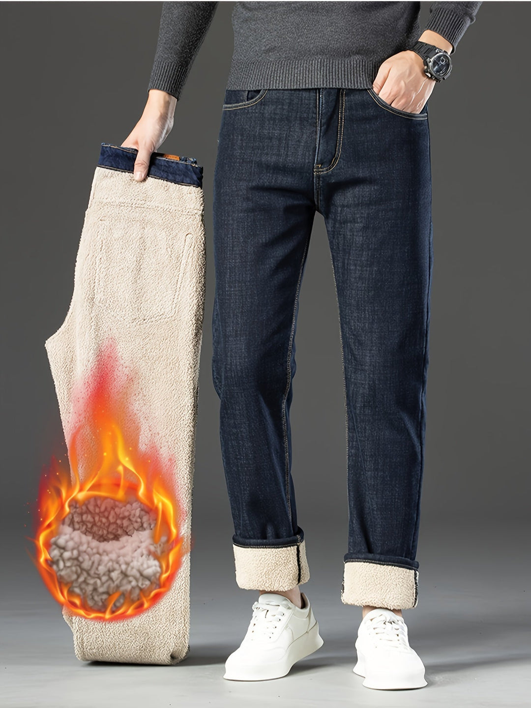 Warm Men's Winter Jeans with Fleece Lining - Grayson-Blue-30-Nora Luxe
