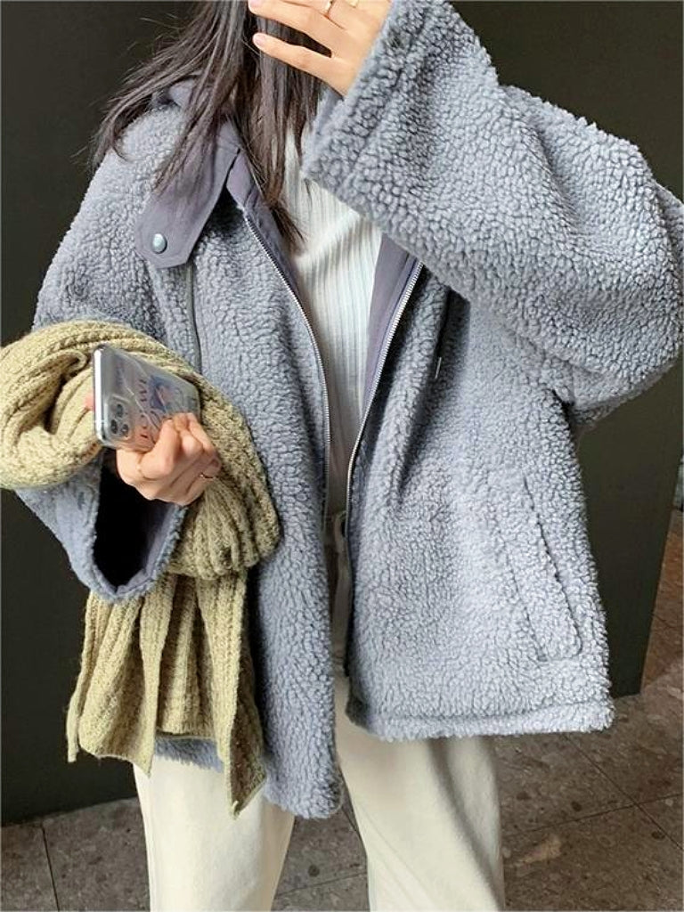 Warm Oversized Women's Jacket with Hood - Freya Fleece Parka-Blue-S-Nora Luxe