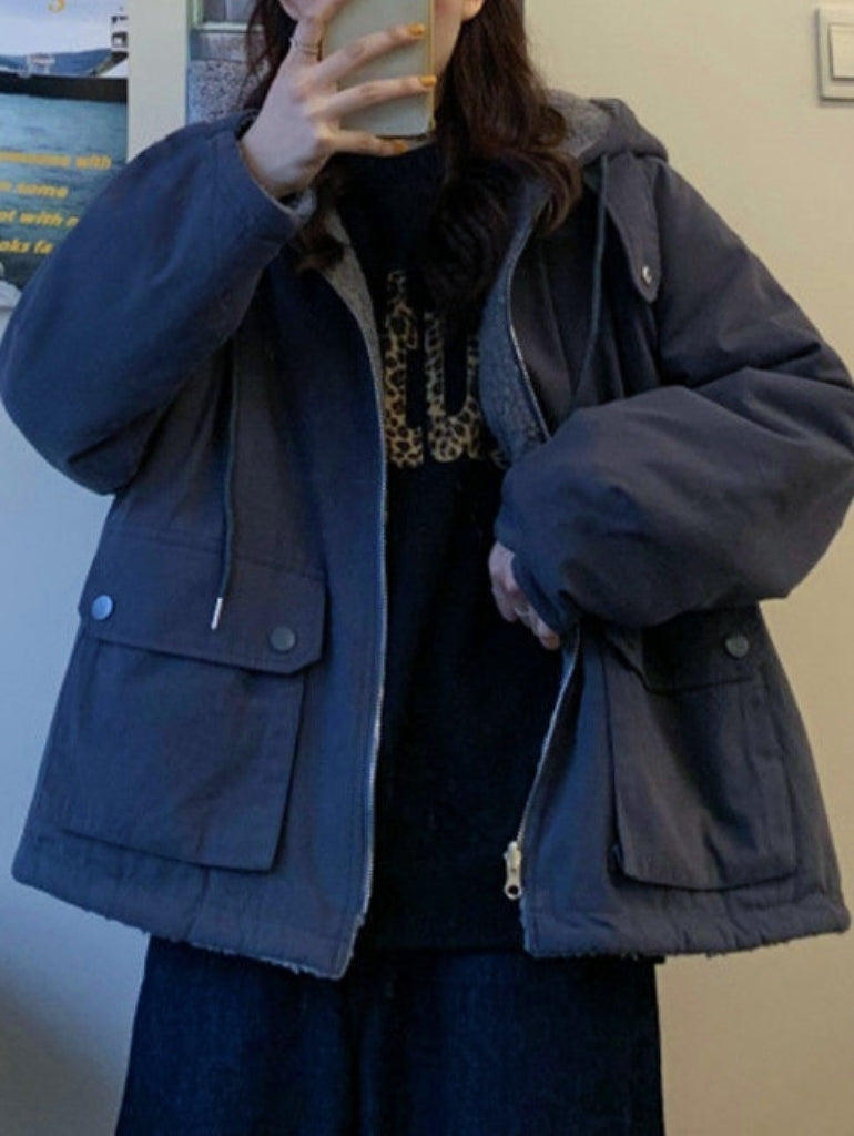 Warm Oversized Women's Jacket with Hood - Freya Fleece Parka-Blue-S-Nora Luxe