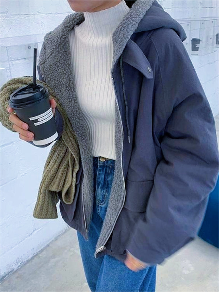 Warm Oversized Women's Jacket with Hood - Freya Fleece Parka-Blue-S-Nora Luxe