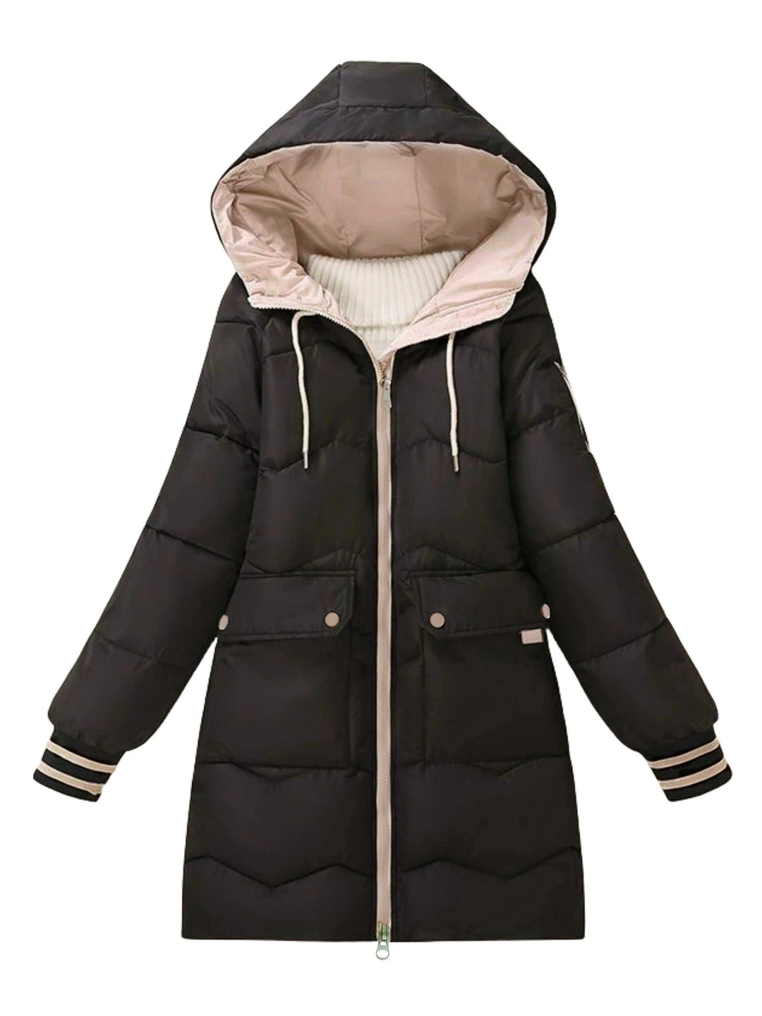 Warm Quilted Hoodie Jacket with Zip - Valencia-Black-S-Nora Luxe
